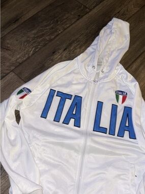 White Italia Zip Hoodie with Blue Lettering